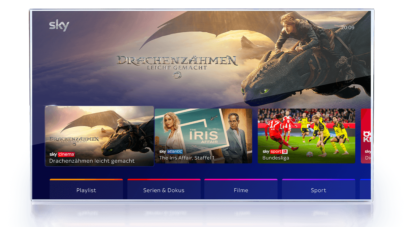 Ein Fernseher, auf dem das Sky Stream UI zu sehen ist.