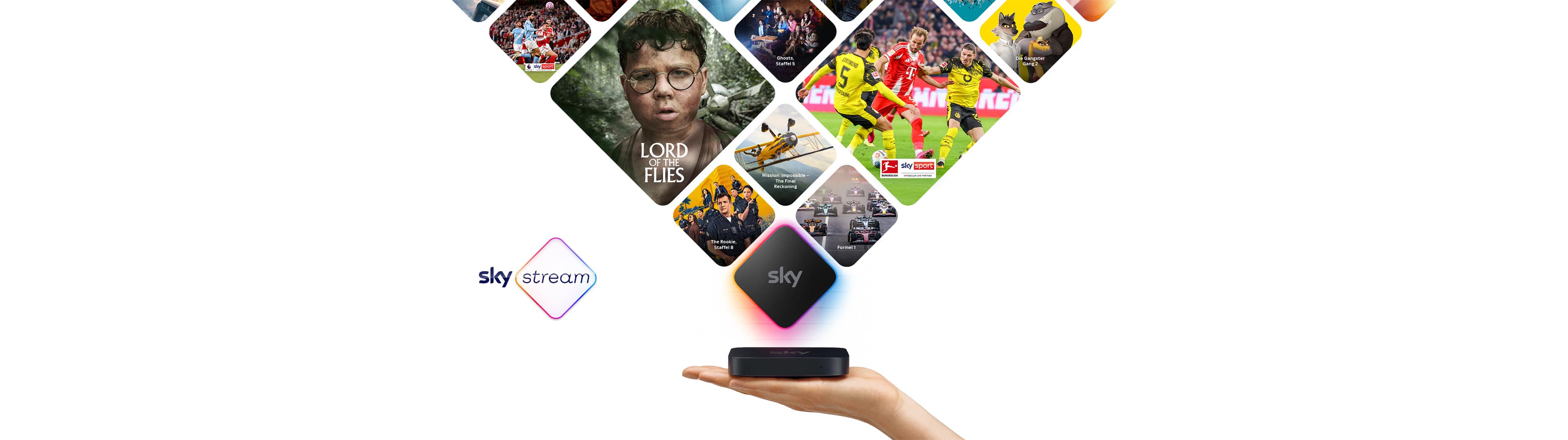 Sky Stream Box auf einer menschlichen Hand, darüber mehrere Kacheln mit verschiedenen Inhalten von Sky.