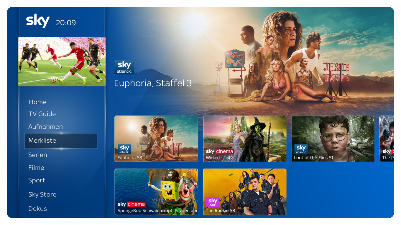 UI des Sky Q Receivers für die Merkliste